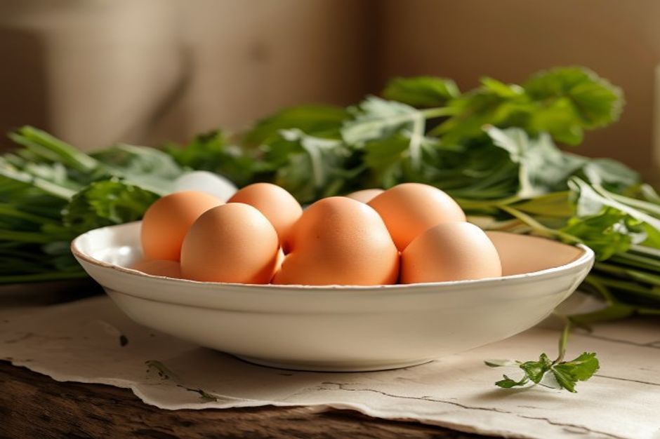 Frische Eier und Blattgemüse auf einer Küchentheke
