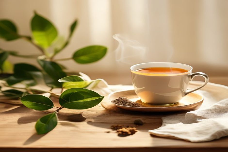 Kräutertee und Ashwagandha auf warmem Holztisch, ruhiger Morgen
