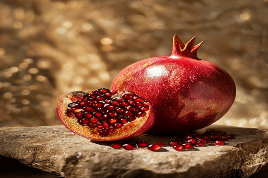 Aufgeschnittener Granatapfel mit glänzenden Kernen auf warmem Stein