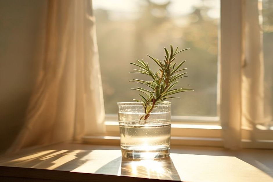 Klares Wasserglas am sonnigen Fenster, Symbol für mentale Klarheit