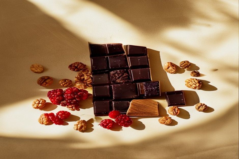 Zartbitterschokolade, Beeren und Walnüsse im Sonnenlicht