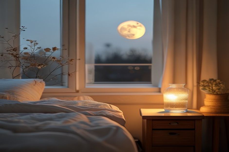 Ruhiges Schlafzimmer bei Mondlicht mit Wasserglas