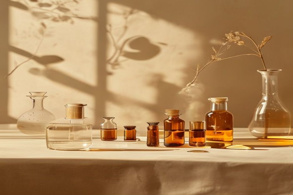 Laborglas und Amber-Fläschchen, ruhige Forschungsstimmung