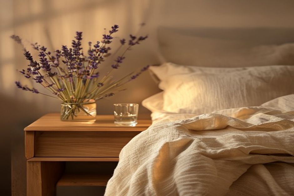 Nachttisch in der Abenddämmerung mit Lavendel und Wasserglas